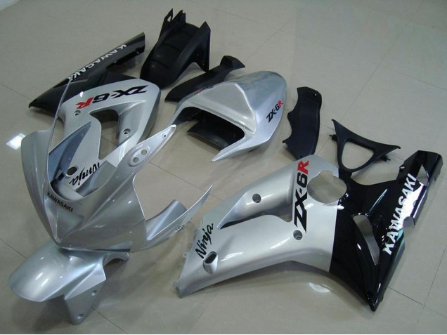 2003-2004 Kawasaki ZX6R Motorcycle Fairings - Silver Glossy Black Canada