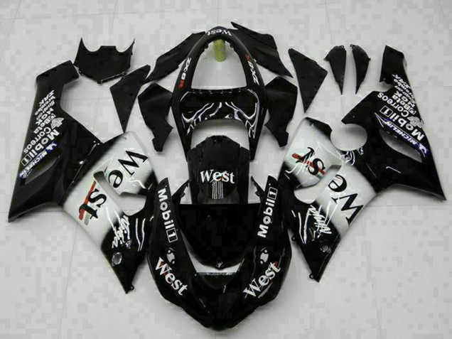 2005-2006 Kawasaki ZX6R Motorcycle Fairings - Glossy Black White West Canada