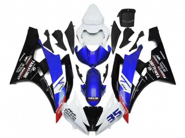 2006-2007 Yamaha YZF R6 Motorcycle Fairings - White Blue Glossy Black Yamalube Becker Carbon Canada