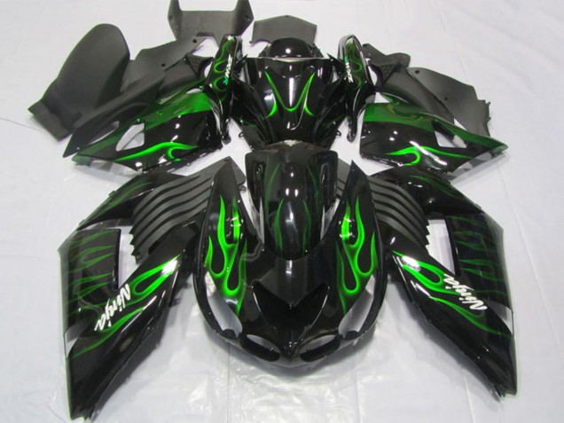 2006-2011 Kawasaki ZX14R ZZR1400 Motorcycle Fairings - Glossy Black Green Flame Canada