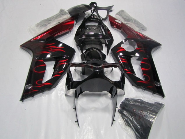 2003-2004 Kawasaki ZX6R Motorcycle Fairing - Glossy Black Red Flame Canada