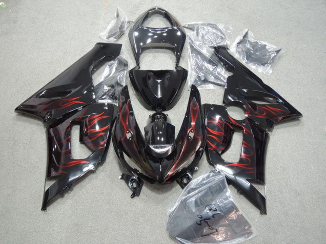 2005-2006 Kawasaki ZX6R Motorcycle Fairings - Glossy Black Red Flame Canada