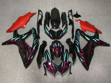 Purchase 2008-2010 Suzuki GSXR 600 / GSXR 750 Motorcycle Fairings - Glossy Black Red Cyan Flame Canada