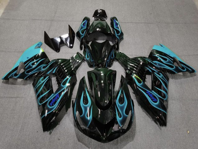 2006-2011 Kawasaki ZX14R Motorcycle Fairings - Glossy Black Light Blue Flame Canada