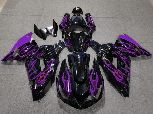 2006-2011 Kawasaki ZX14R Motorcycle Fairings - Glossy Black Purple Flame Canada