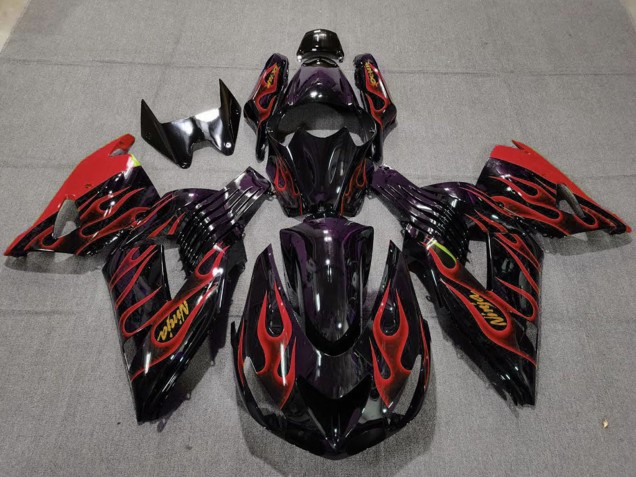 2006-2011 Kawasaki ZX14R Motorcycle Fairings - Glossy Black Red Flame Gold Ninja Canada
