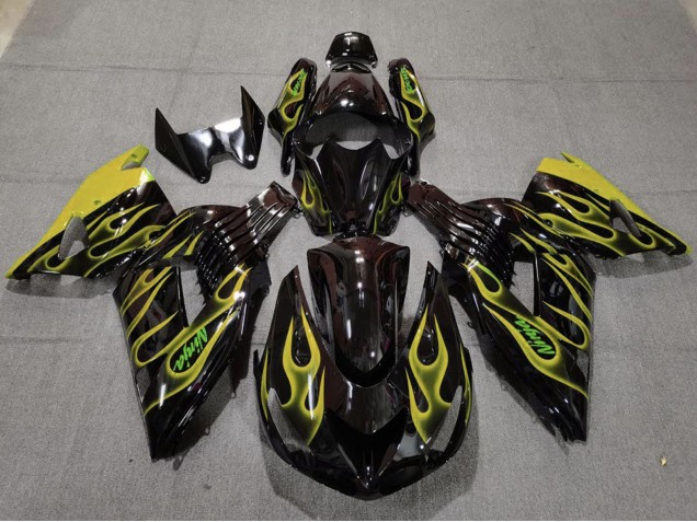 2006-2011 Kawasaki ZX14R Motorcycle Fairings - Glossy Black Yellow Flame Canada