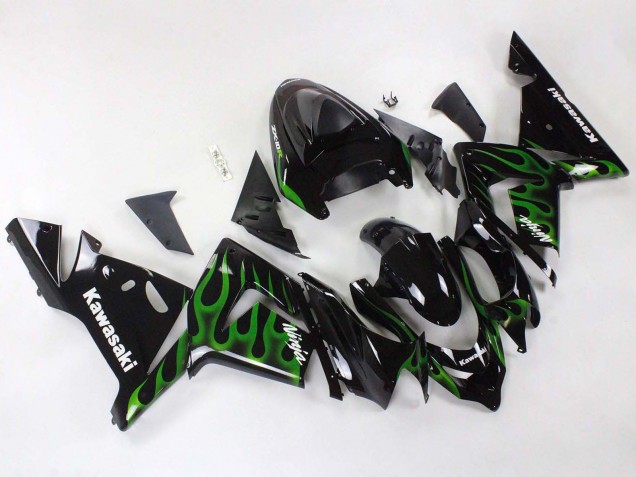 2004-2005 Kawasaki ZX10R Motorcycle Fairings - Black with Green Flame Ninja Canada