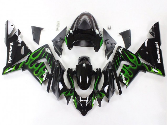 2004-2005 Kawasaki ZX10R Motorcycle Fairings - Black with Green Flame Ninja Canada