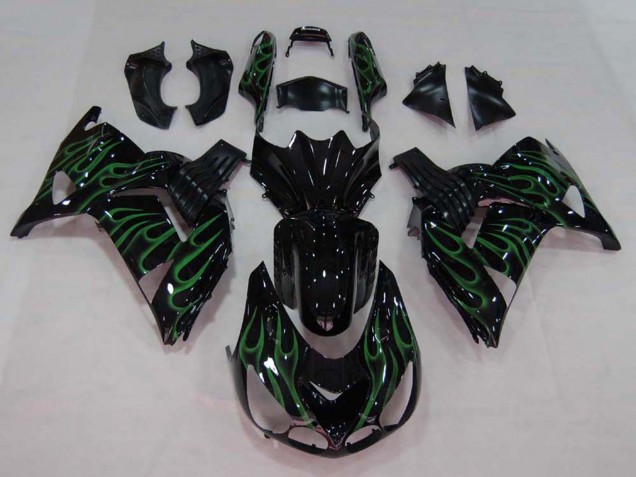 2006-2011 Kawasaki ZX14R ZZR1400 Motorcycle Fairing - Glossy Black Green Flame Canada