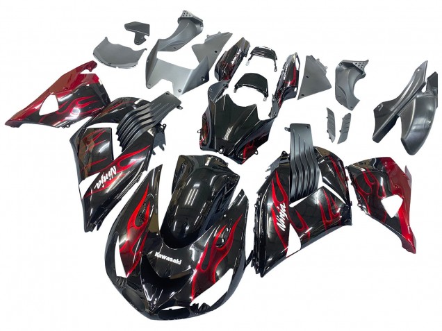 2006-2011 Kawasaki ZX14R ZZR1400 Motorcycle Fairing Kits - Glossy Black Red Flame Canada