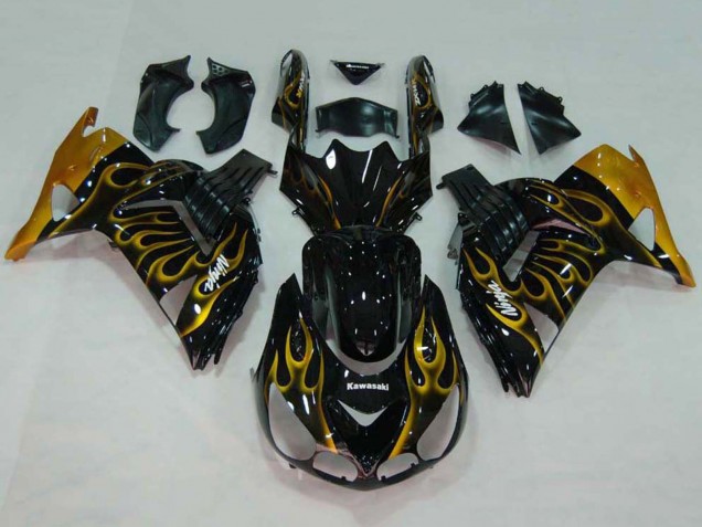 2006-2011 Kawasaki ZX14R ZZR1400 Motorcycle Fairings - Glossy Black Gold Flame Canada