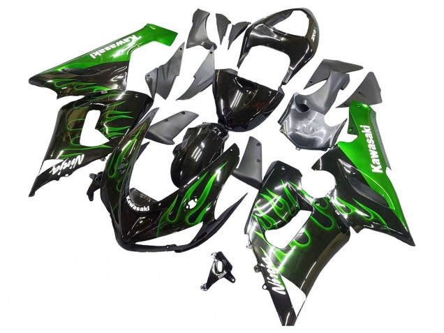 2005-2006 Kawasaki ZX6R Motorcycle Fairing - Glossy Black Green Flame Canada