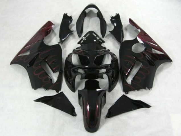 2002-2006 Kawasaki ZX12R Motorcycle Fairings - Glossy Black Burgundy Flame Canada