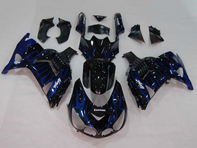 2006-2011 Kawasaki ZX14R ZZR1400 Motorcycle Fairings - Glossy Black Blue Flame Canada