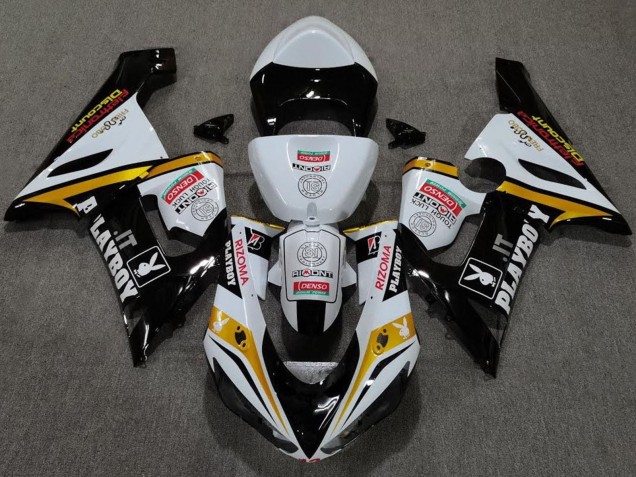 2005-2006 Kawasaki ZX6R Motorcycle Fairings - White Black Gold Red Rizoma Playboy Canada