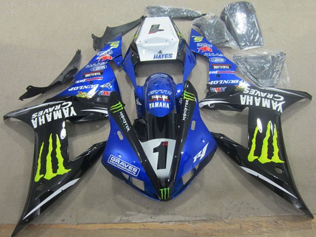 2002-2003 Yamaha YZF R1 Motorcycle Fairings - White Blue Black Neon Yellow Monster Graves 1 Canada